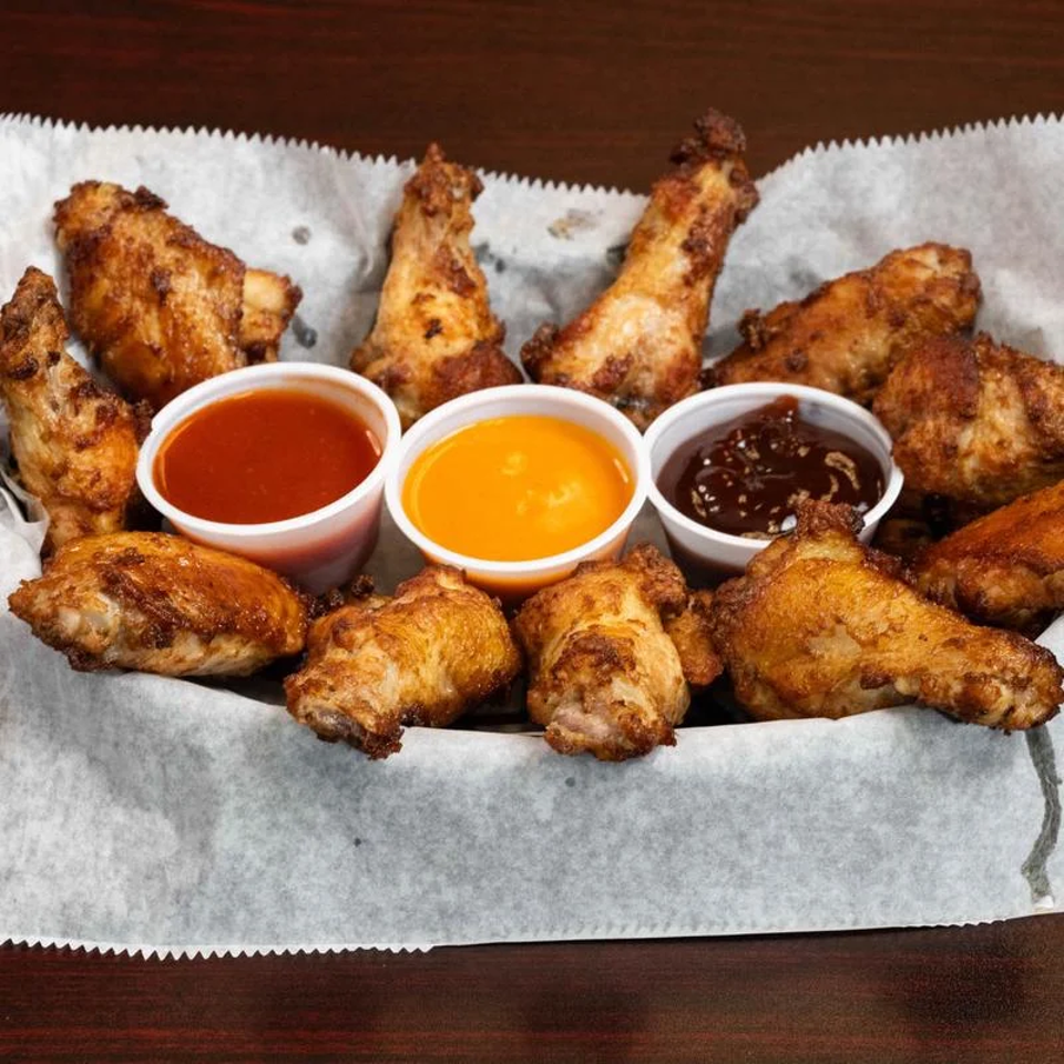 Golden-brown chicken wings arranged around three dipping sauces on a paper-lined wooden serving tray.