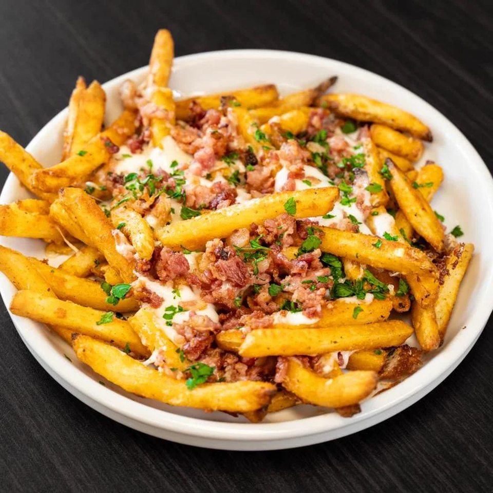 Loaded golden fries topped with creamy sauce, crumbled bacon, and chopped parsley on a white plate.